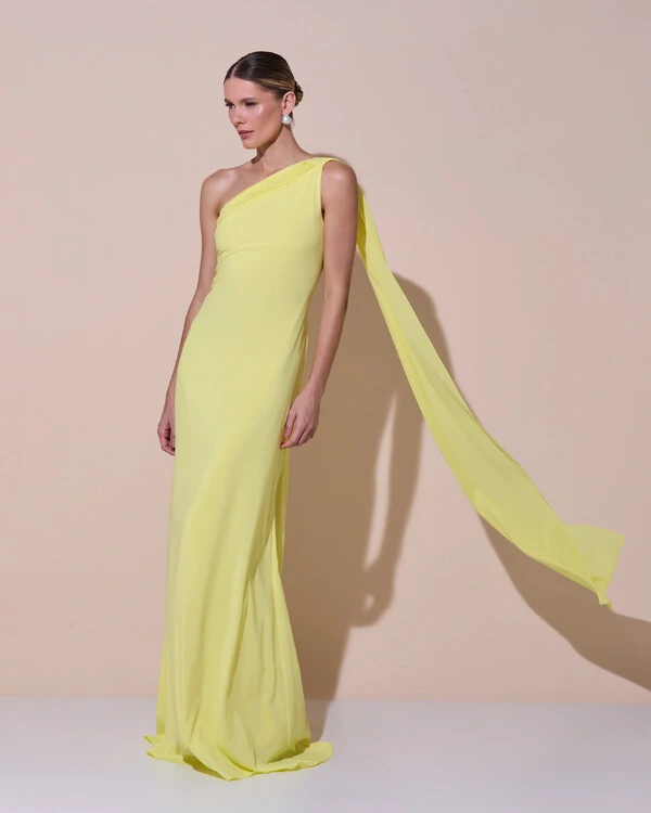 Vestido de Festa Longo Crepe Chiffon Um Ombro Só Drapeado Amarelo Manteiga