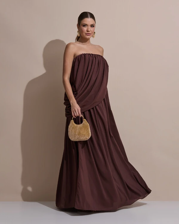Vestido de Festa Longo Tomara Que Caia Crepe Chiffon Drapeado Marrom