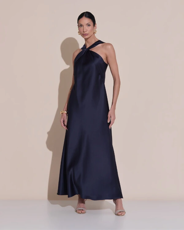 Vestido de Festa Midi Frente Única Cetim Azul Marinho