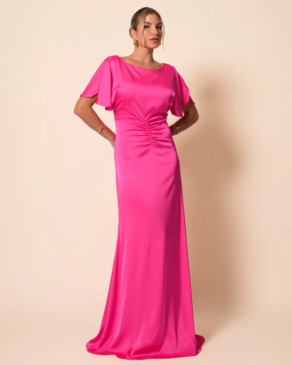 Vestido de Festa Longo Cetim Fluido Manga Curta Drapeado Pink New