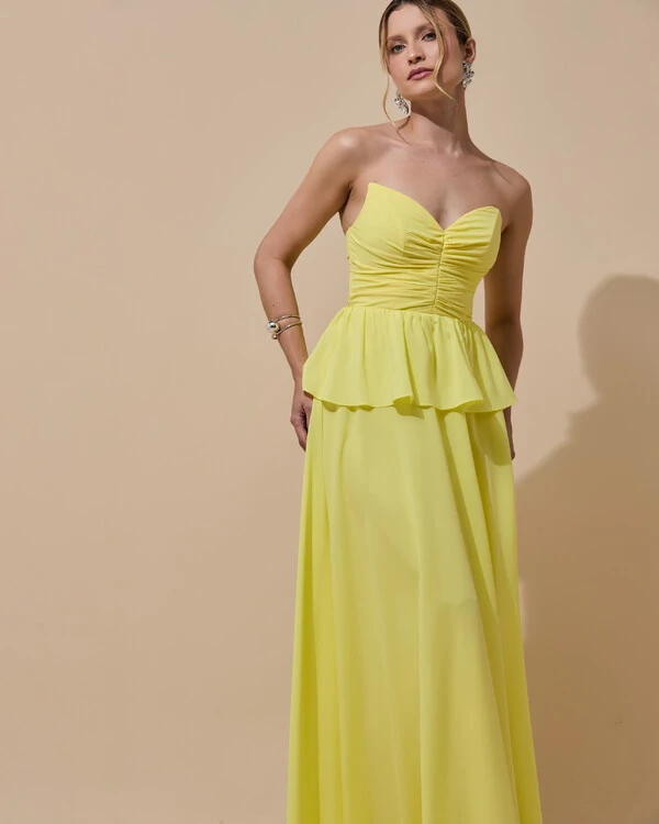 Vestido de Festa Longo Crepe Chiffon Tomara que Caia Peplum Drapeado Amarelo Manteiga