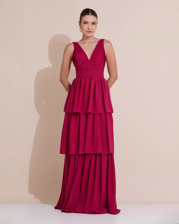 Vestido de Festa Longo Decote V Crepe Chiffon Plissado Camadas Babado Cereja