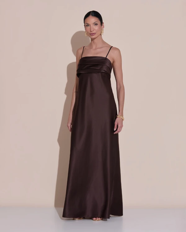 Vestido de Festa Midi Drapeado Cetim Marrom