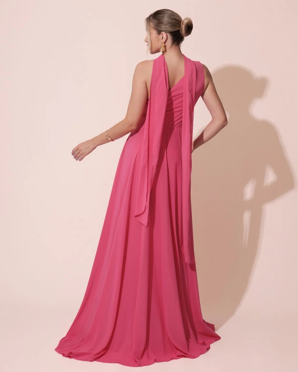 Vestido de Festa Longo Crepe Chiffon Um Ombro Só Drapeado com Lenço Pink New