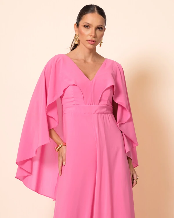 Macacão de Festa Longo Crepe Chiffon com Capa Rosa