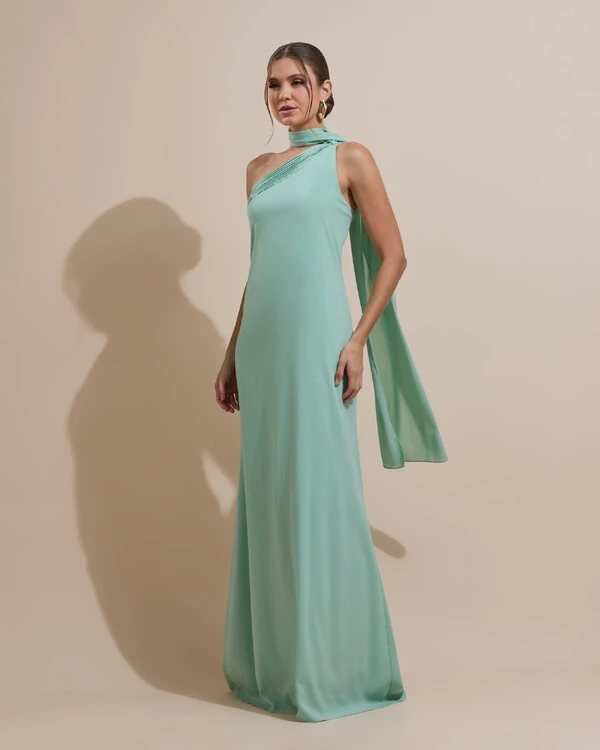 Vestido de Festa Longo Crepe Chiffon Um Ombro Só Drapeado Verde Menta