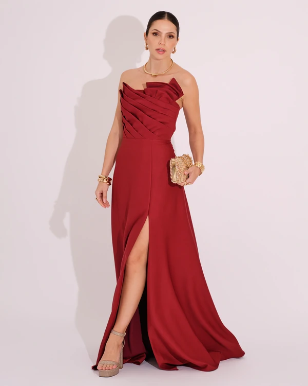Vestido de Festa Longo Alfaiataria Tomara que Caia com Fenda Detalhe Marsala