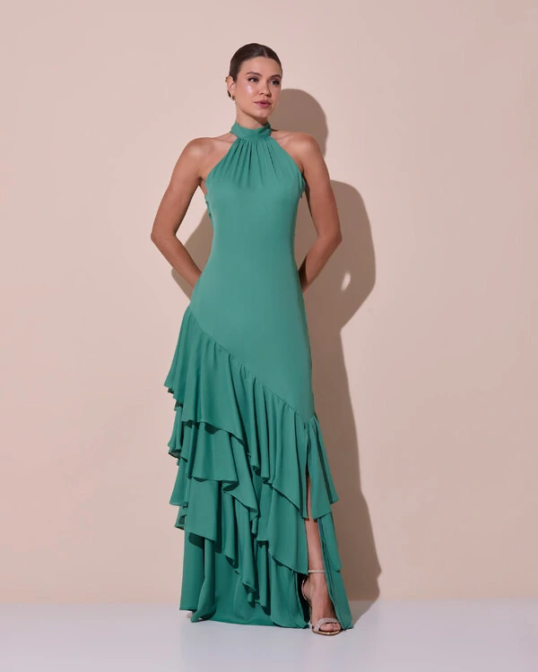 Vestido de Festa Longo Chiffon Crepe Gola Alta Babados Verde Matcha Escuro