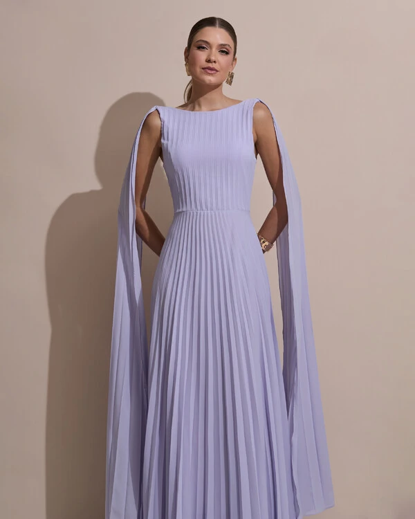 Vestido de Festa Longo Crepe Chiffon Plissado com Lenço nas Alças Lilás Claro