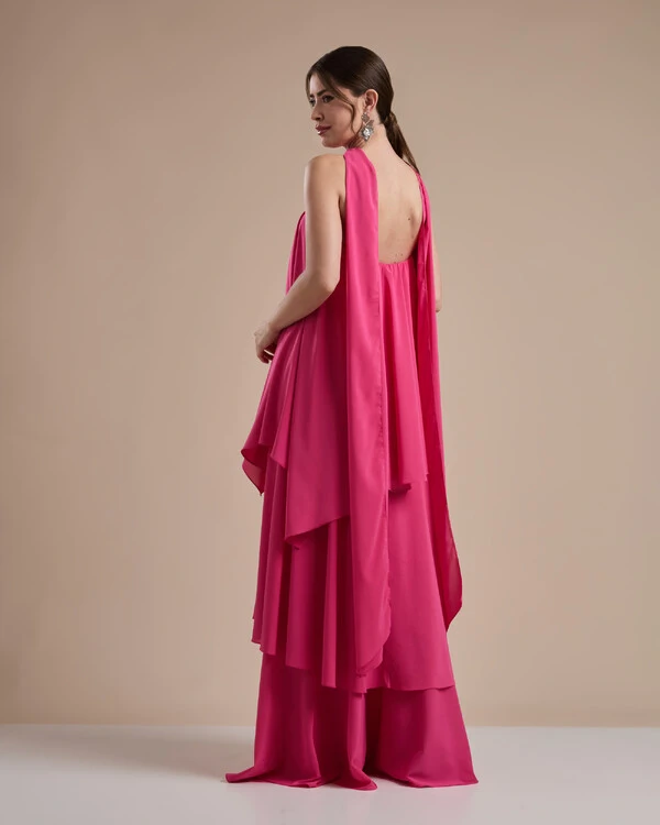 Vestido de Festa Longo Chiffon Crepe em Camadas com Lenço Pink New
