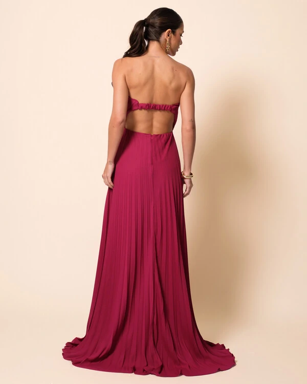 Vestido de Festa Longo Tomara que Caia Plissado Detalhe Cereja