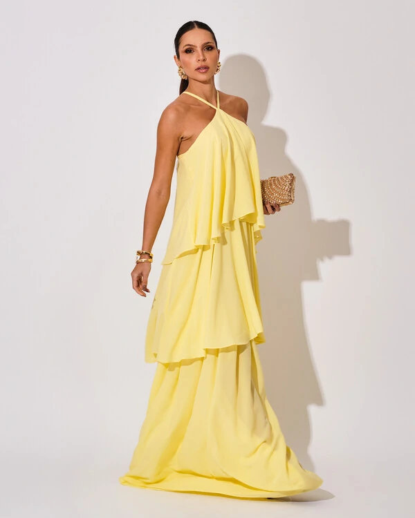 Vestido Longo Crepe Chiffon Babado em Camadas Amarelo Manteiga