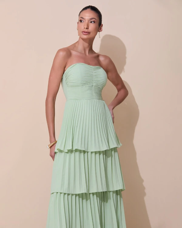 Vestido de Festa Longo Tomara que Caia Crepe Chiffon Plissado Camadas Verde Menta New