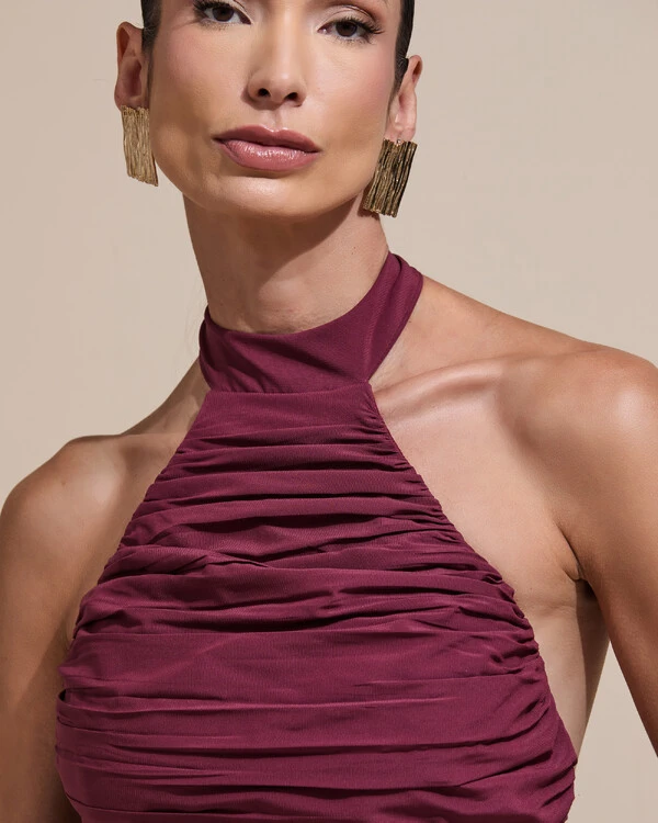 Vestido de Festa Longo Frente Única Crepe Chiffon Drapeado Babados Cascata Marsala