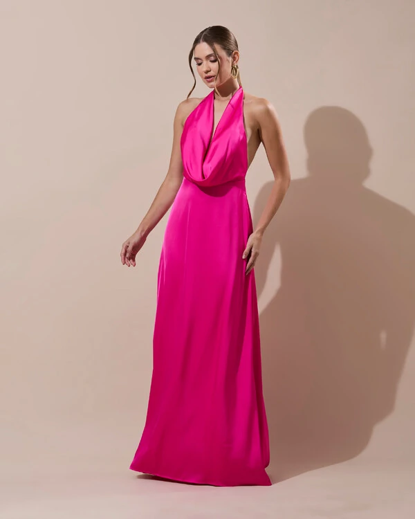 Vestido de Festa Longo Frente Única Degagê Cetim Fluido Pink
