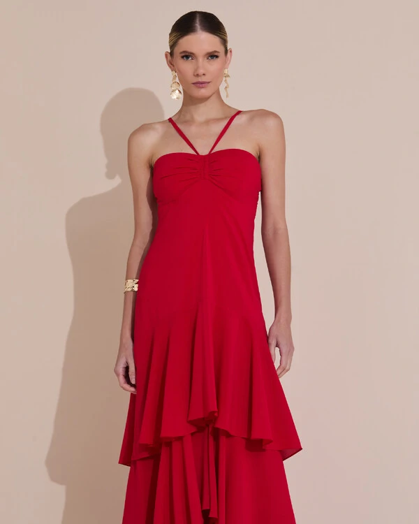 Vestido Longo Crepe com Babado em Camadas Vermelho