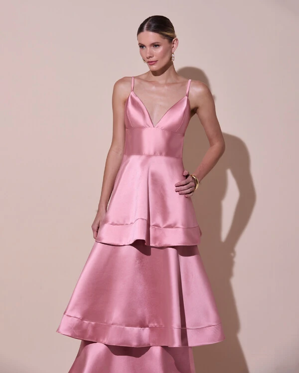 Vestido de Festa Longo Zibeline em Camadas Decote em V com Alças Rose