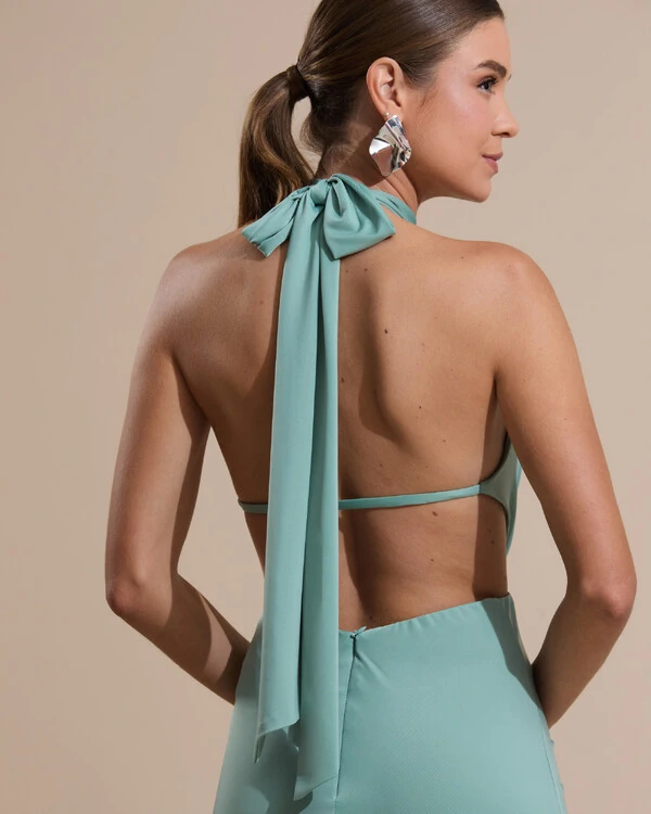 Vestido de Festa Longo Malha Jersey Gola Alta Saia Sereia Verde Menta