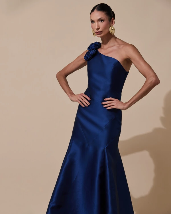 Vestido de Festa Longo Zibeline um Ombro Só Flor Removível Saia Sereia Azul Marinho
