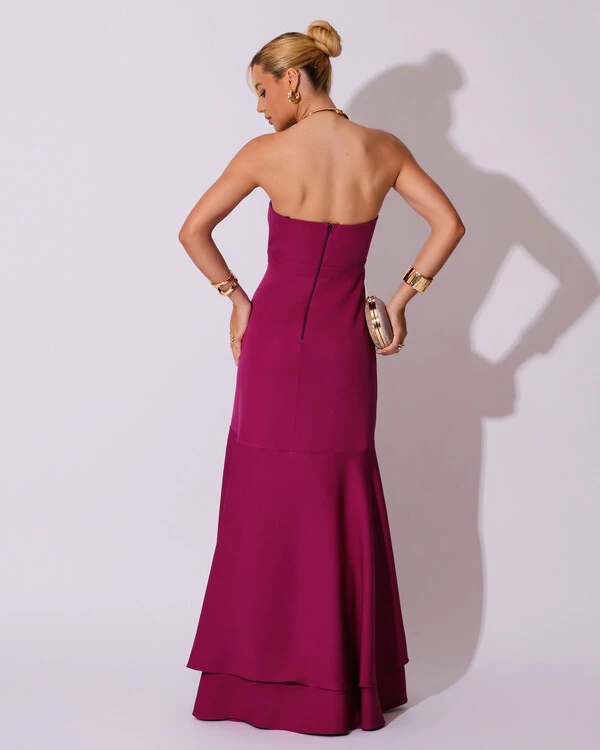 Vestido Longo com Fenda de Babados Alfaiataria Fúcsia Beterraba