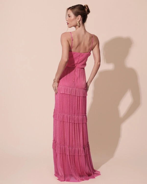 Vestido de Festa Longo Tule com Saia Babado Pink