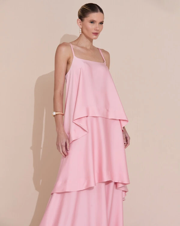 Vestido de Festa Longo Decote Reto Alças Finas Cetim Camadas Rose Gold