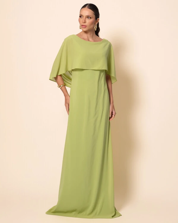 Vestido de Festa Longo Crepe Chiffon com Capa e Degagê nas Costas Verde Garden