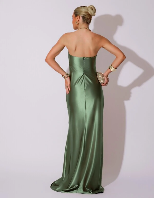 Vestido de Festa longo Cetim Malha Metálico Tomara que Caia Detalhe Drapeado Verde Escuro