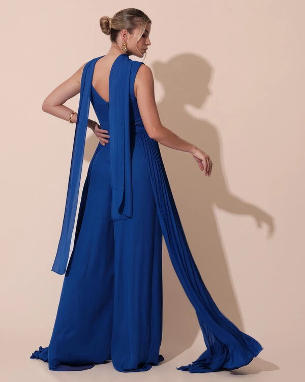 Macacão de Festa Longo Crepe Pantalona Plissado e Lenço Azul Royal
