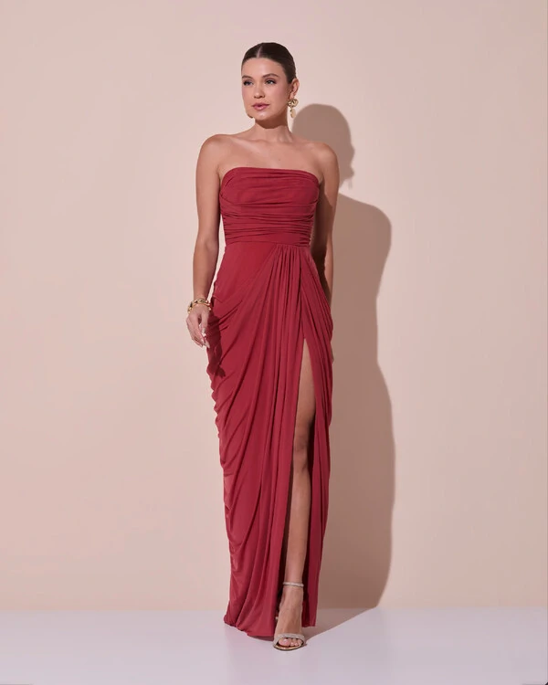 Vestido De Festa Longo Tomara que Caia Tule Drapeado Fenda Terracota