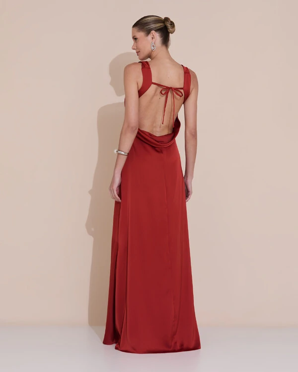 Vestido de Festa Longo Cetim Fluido Degagê Terracota