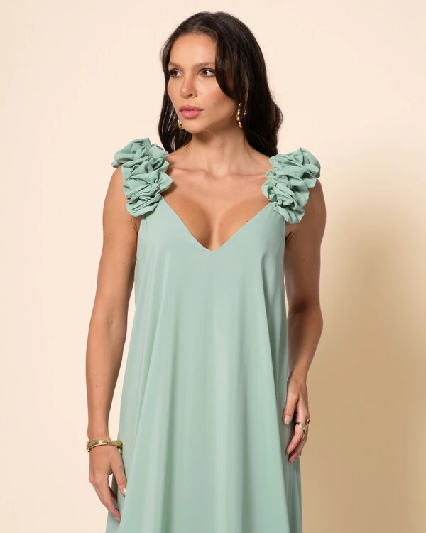 Vestido de Festa Longo Crepe Chiffon Fluido Decote em V Flores Verde Menta