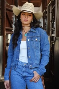 Jaqueta Jeans com Franjas em Couro