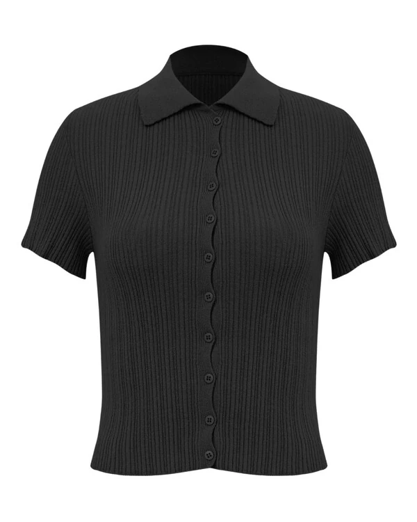 Blusa Tricot Gola Polo Preta