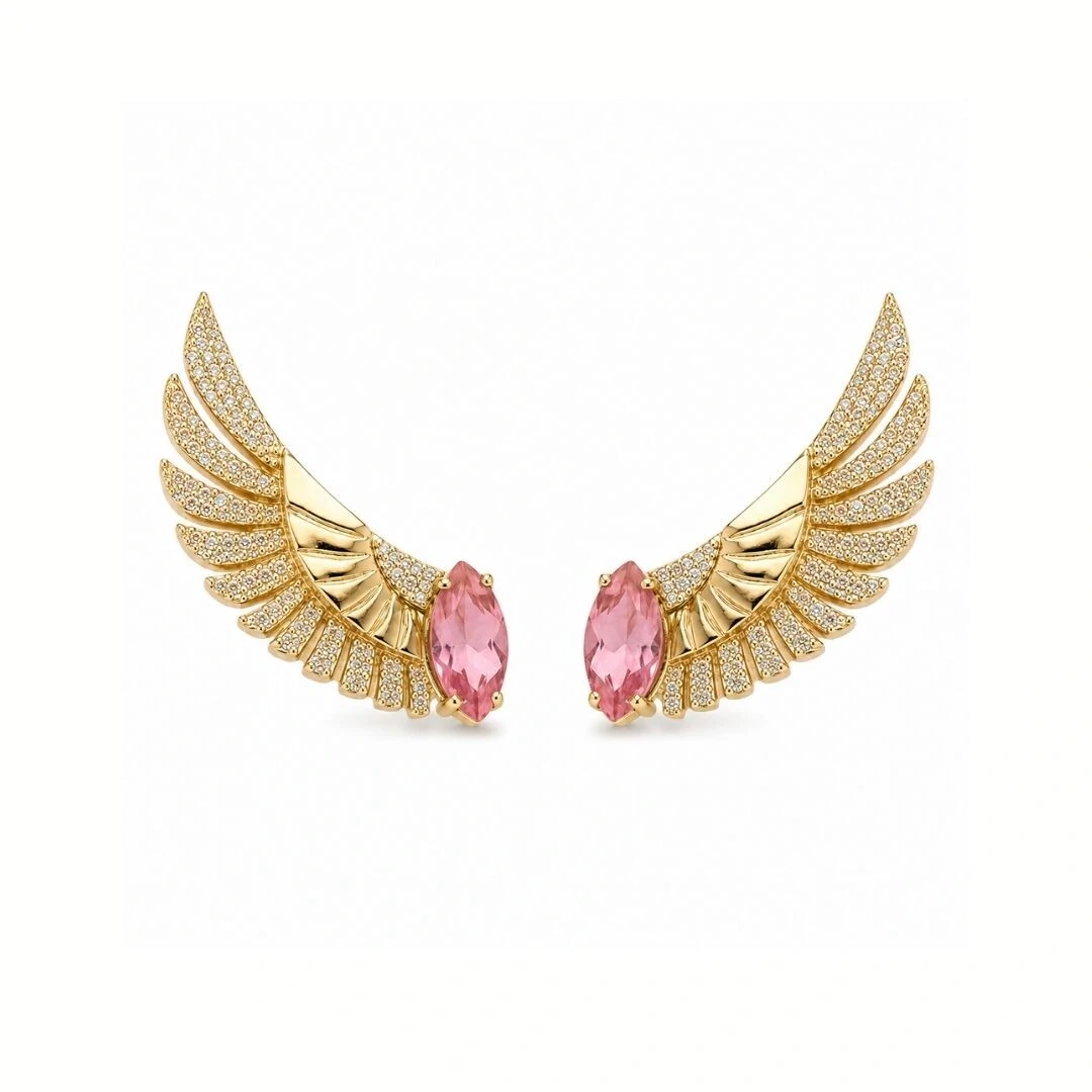 Foto Ear Cuff Asa com Cristal Pink - Banho de Ouro 18K