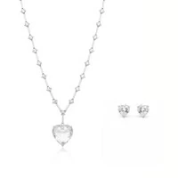 Conjunto Coração com Cristal Branco e Banho de Ródio Branco