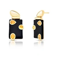 Brinco Miles com Esmaltado Preto, Cristais e Banho de Ouro 18K