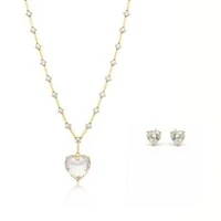 Conjunto Coração com Cristal Branco e Banho de Ouro 18K
