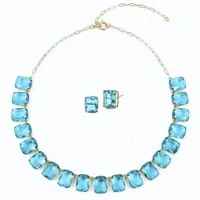 Conjunto Colar e Brinco Cristal Ice Azul Banho de Ouro 18k