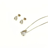 Conjunto Gota com Cristal Translúcido e Banho de Ouro 18K