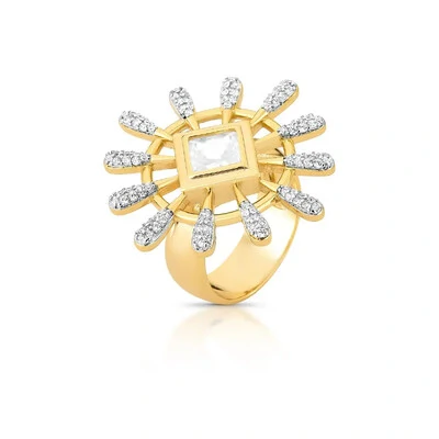 Foto Anel Compasso com Cristal e Zircônias e Banho de Ouro 18K