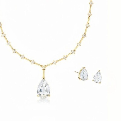 Foto Conjunto Gota com Cristal Branco e Banho de Ouro 18K