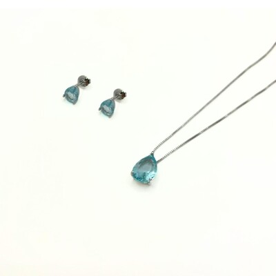 Foto Conjunto Gota com Cristal Azul e Banho de Ródio Branco