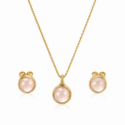 Foto Conjunto Tingua com Quartzo Rosa e Banho de Ouro 18K