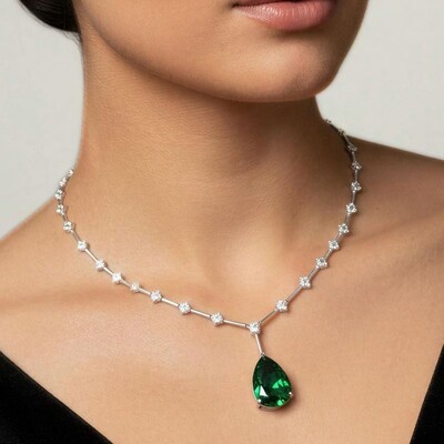 FotoConjunto Gota com Cristal Verde Esmaralda e Banho de Ródio Branco