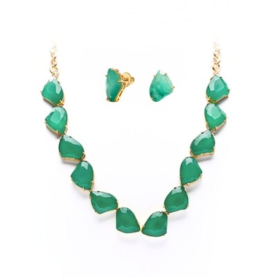 Foto Conjunto Colar e Brinco Cristal Verde com Banho de Ouro 18k