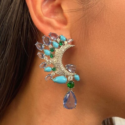 Foto Brinco Luar Cristais Banho Ródio Branco