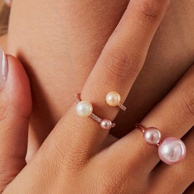 FotoAnel Mix 3 Pérolas com Zircônias e Banho de Ouro Rosê