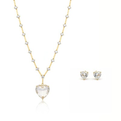 Foto Conjunto Coração com Cristal Branco e Banho de Ouro 18K