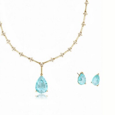 Foto Conjunto Gota com Cristal Azul e Banho de Ouro 18k